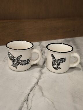 Native Northwest Pair Of 3 Oz Espresso Mugs Eagle Whale Indigenous Art Cups